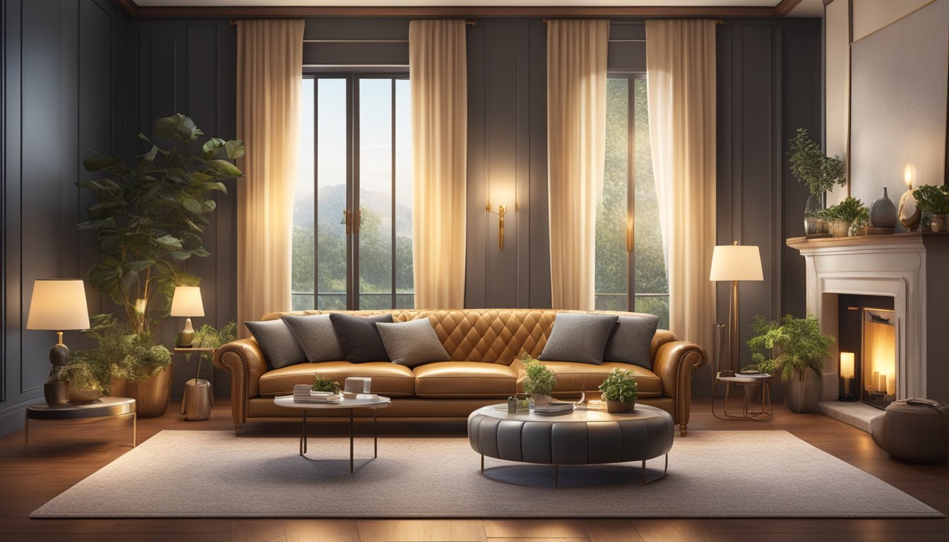 A cozy living room with a luxurious Italian leather sofa as the focal point, surrounded by elegant decor and soft lighting