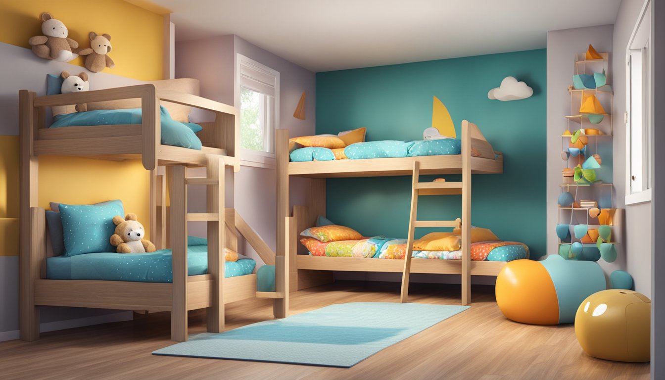 Two-tiered bunk bed with ladder in a cozy kids' bedroom, adorned with colorful bedding and soft toys