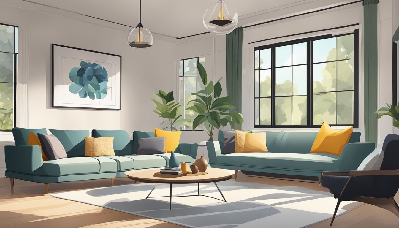 A cozy living room with modern furniture and tasteful decor. Natural light floods the space, highlighting the sleek lines and inviting atmosphere