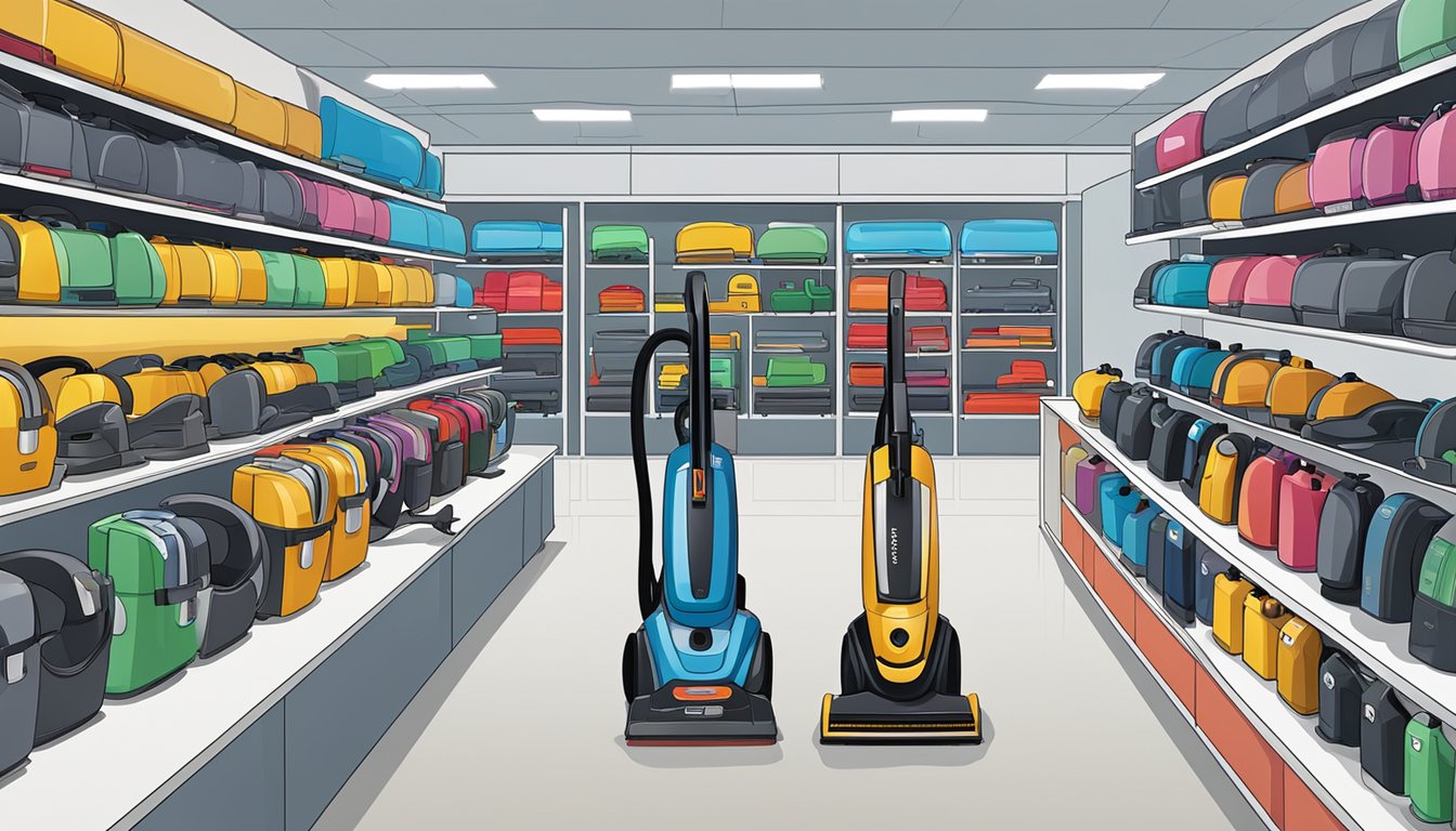 Several stick vacuum cleaners displayed on shelves in a Singaporean home appliance store