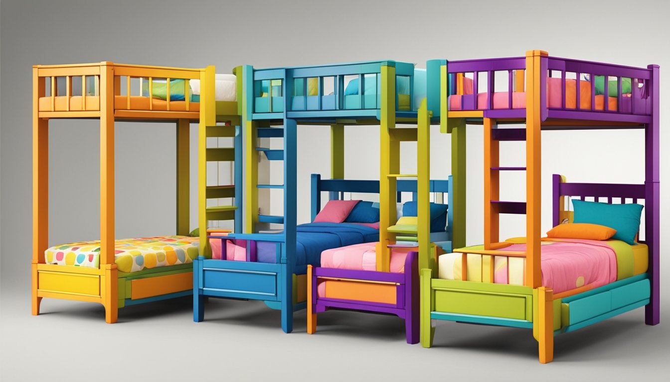 A colorful array of bunk beds fills the showroom, showcasing various designs and features for kids. Bright patterns and sturdy construction highlight the options available in Singapore