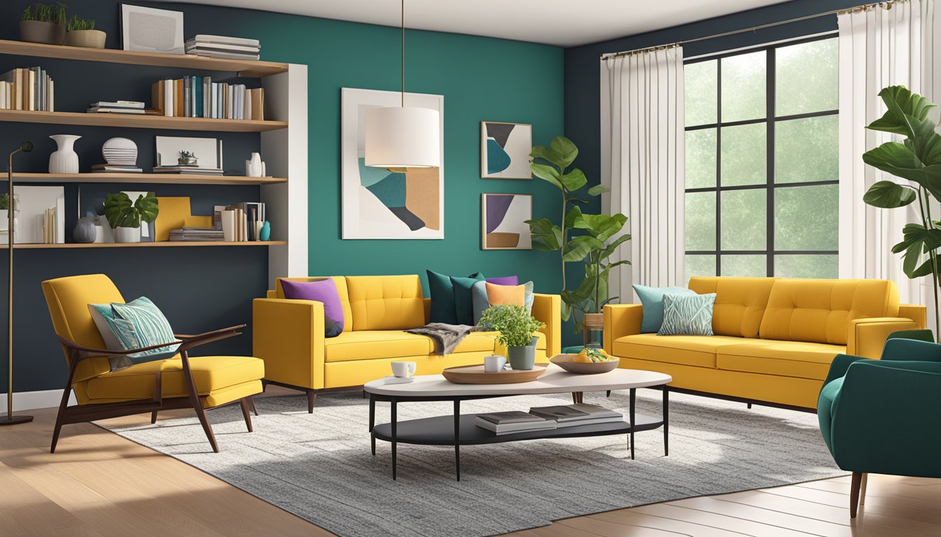 A cozy living room with modern furniture and vibrant accent colors, utilizing affordable design options