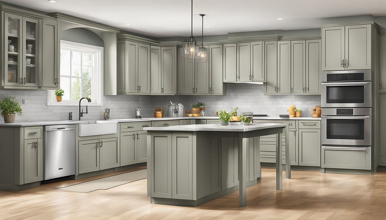 A kitchen with standard cabinet sizes: base cabinets 24 inches deep, wall cabinets 12-24 inches deep, and tall cabinets 84-96 inches high