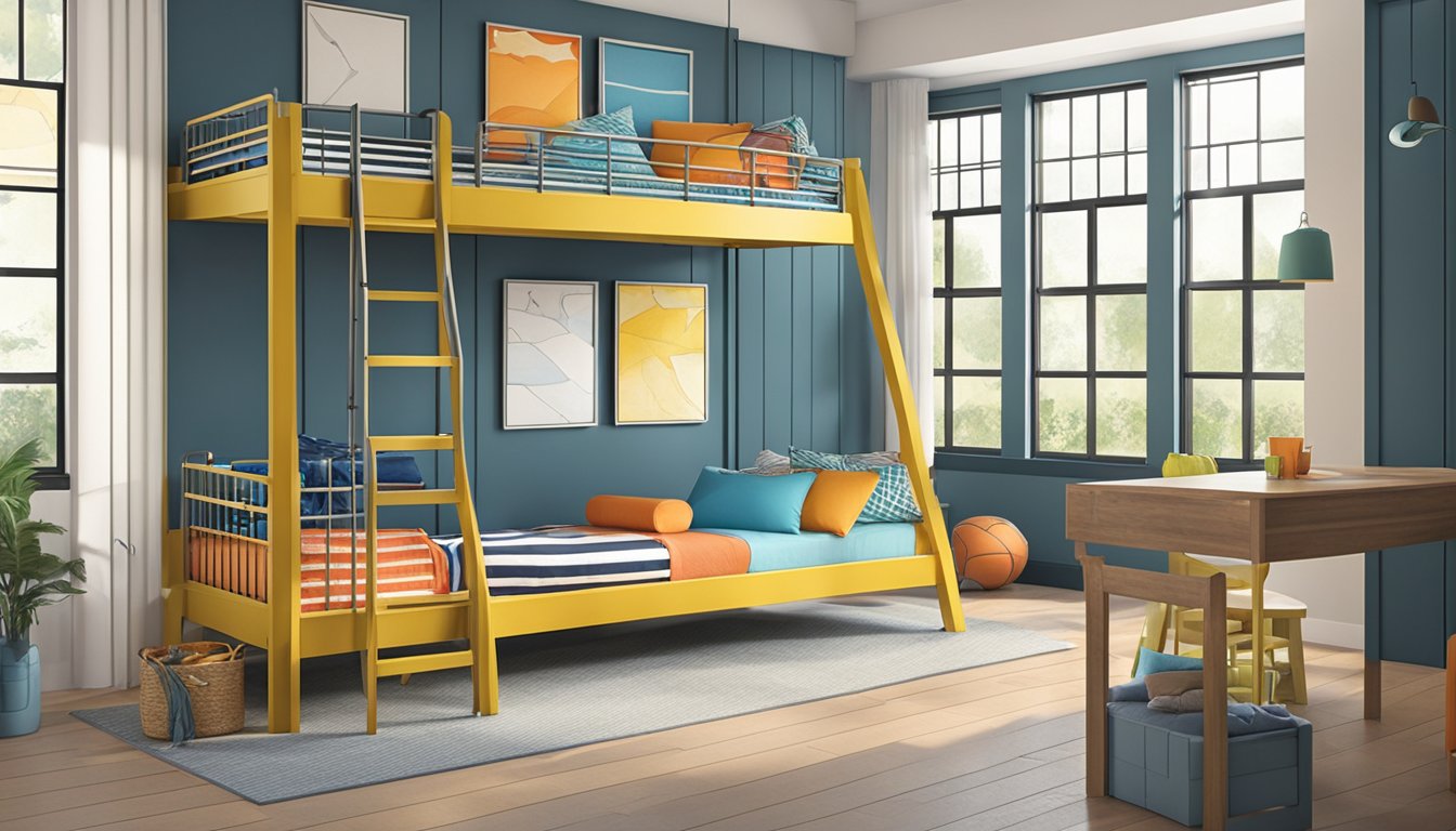 A showroom with a variety of colorful and sturdy bunk beds displayed in a well-lit space