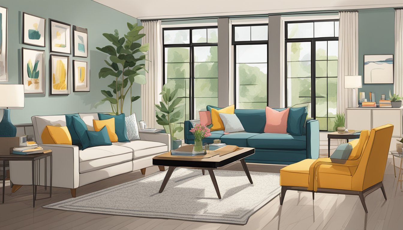 A cozy living room with modern furniture and pops of color. A professional designer consults with a client, discussing fabric swatches and layout options