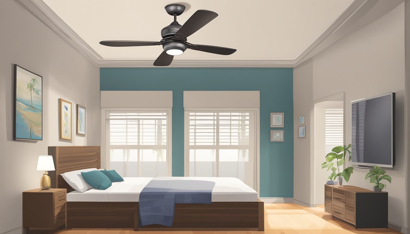 A small, wobbling ceiling fan hangs from a low ceiling in a simple Singaporean room