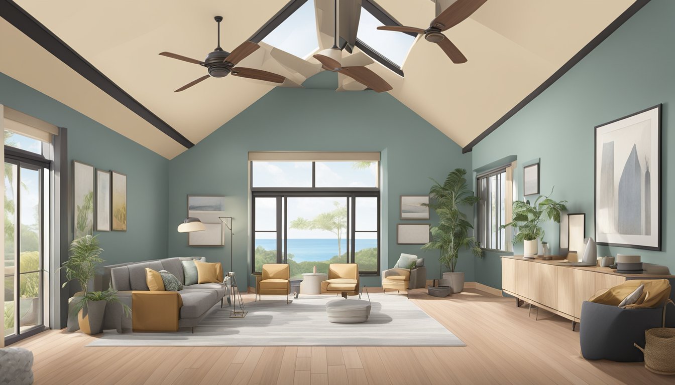 A room with a high ceiling and a variety of ceiling fan options on display, with different sizes, styles, and colors to choose from