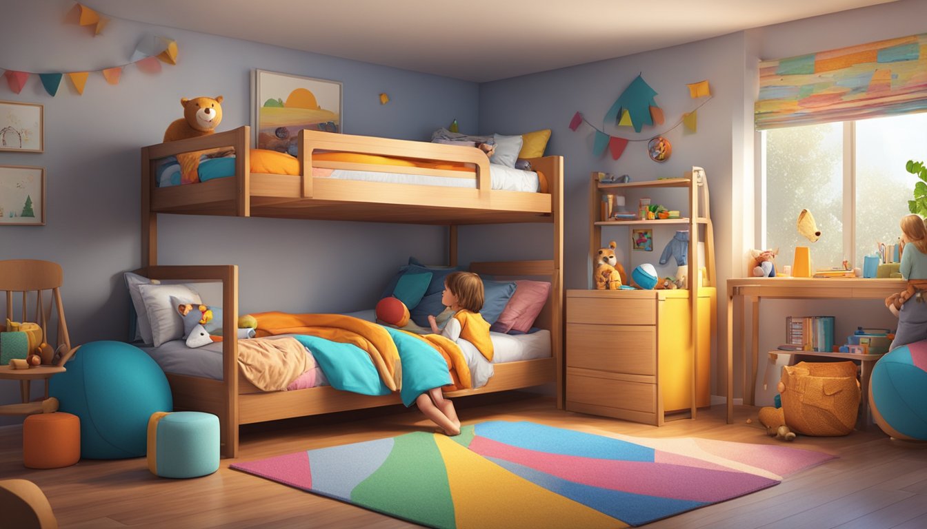 Two kids happily playing on a bunk bed in a cozy bedroom with colorful bedding and toys scattered around
