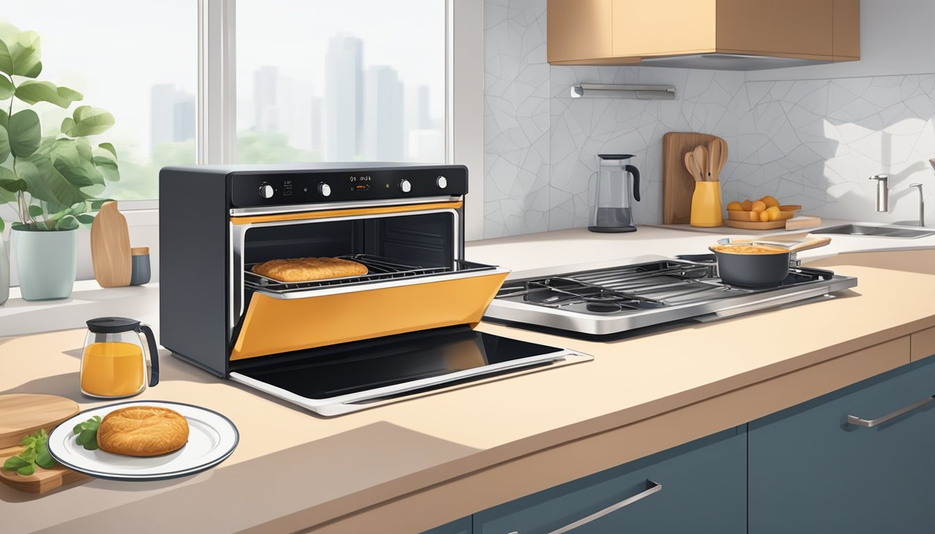 A portable oven sits on a kitchen countertop in a modern Singaporean home, surrounded by sleek appliances and utensils