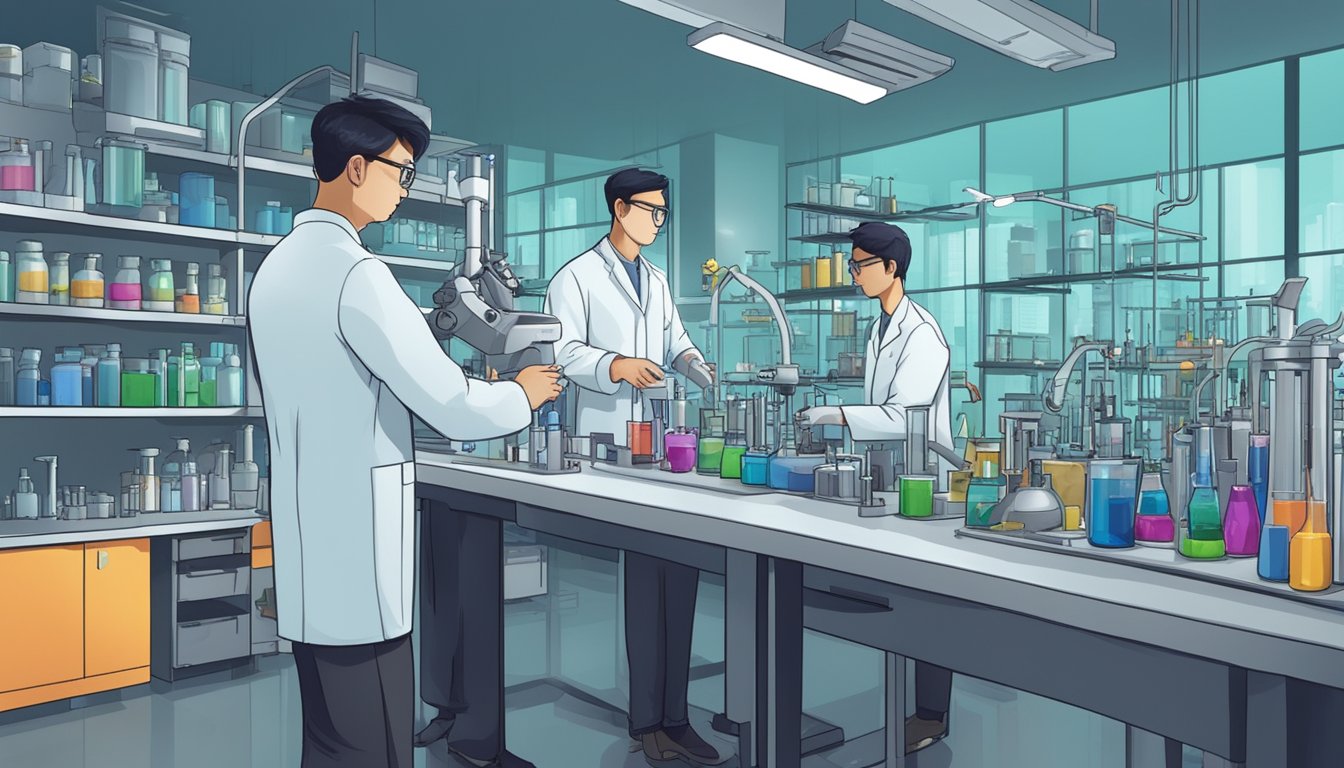 A research scientist in Singapore earns a competitive salary. The scene could show a scientist in a lab, surrounded by equipment and conducting experiments