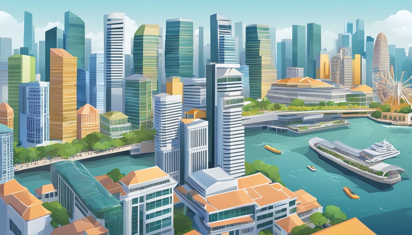 A bustling Singapore cityscape with iconic landmarks, research facilities, and a skyline of high-rise buildings