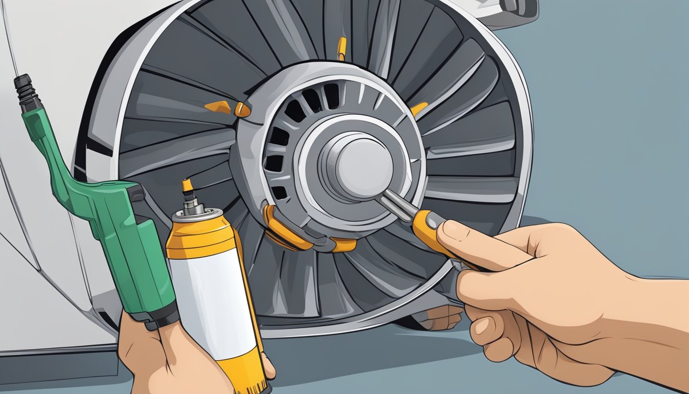 A hand holding a screwdriver tightens the fan blades. A can of lubricant sits nearby. Dust is wiped off the motor