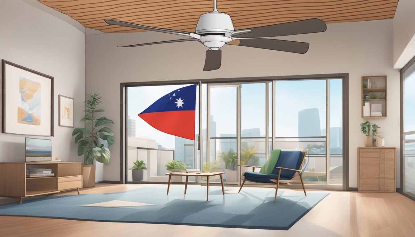 A ceiling fan spinning above a room, with a Singaporean flag sticker on the wall and a price tag indicating affordability