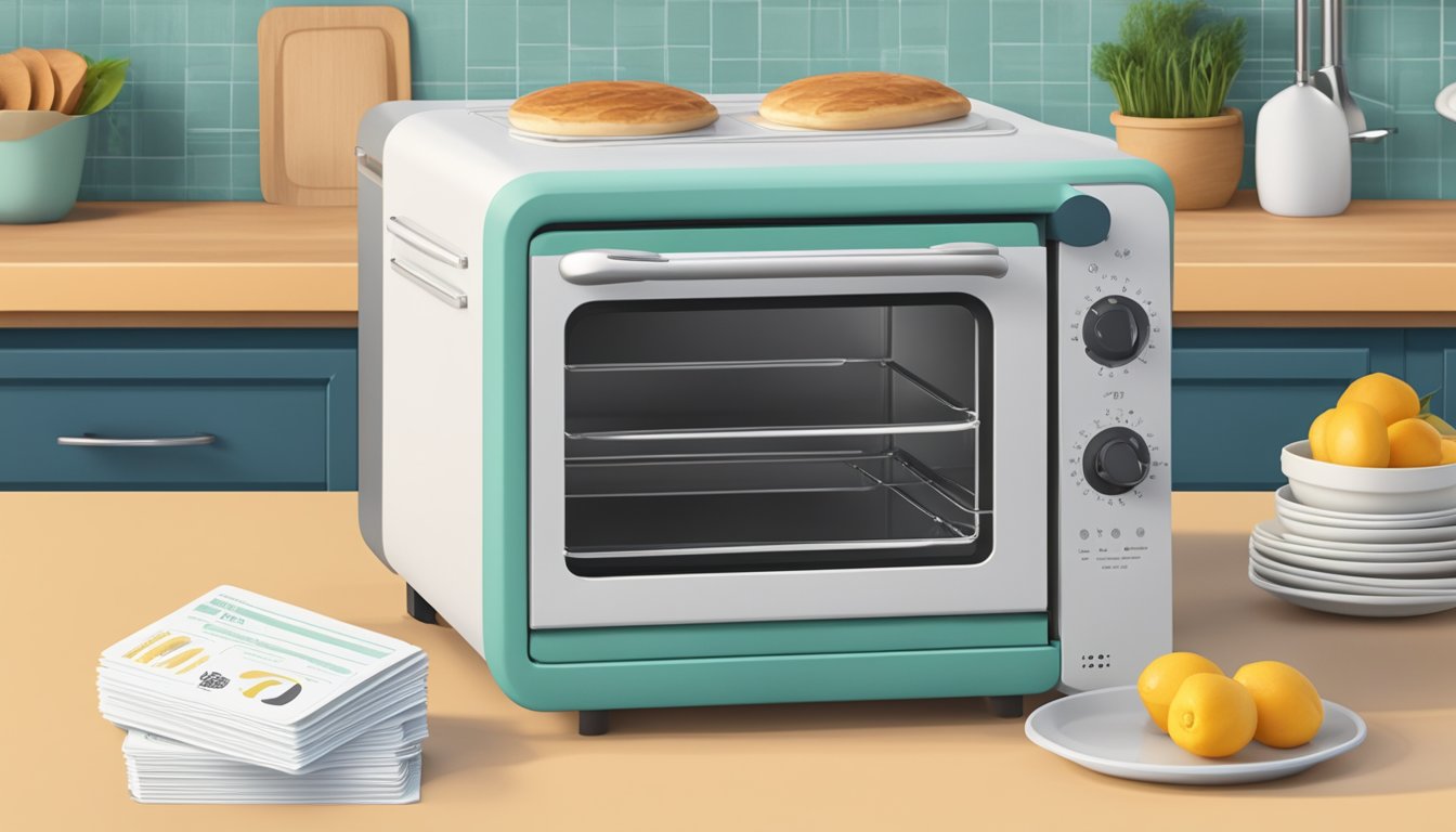 A portable oven sitting on a kitchen countertop with a stack of FAQ cards next to it