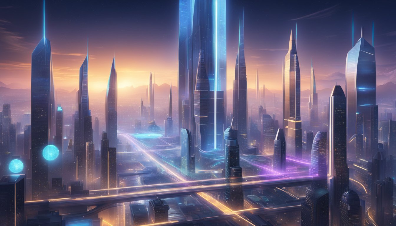 A sleek, futuristic cityscape with towering buildings and advanced technology integrated into the architecture. A network of glowing lights and holographic displays illuminates the scene