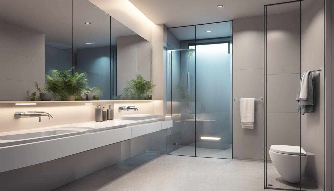 A modern toilet interior with sleek white fixtures, a large mirror, and soft, ambient lighting