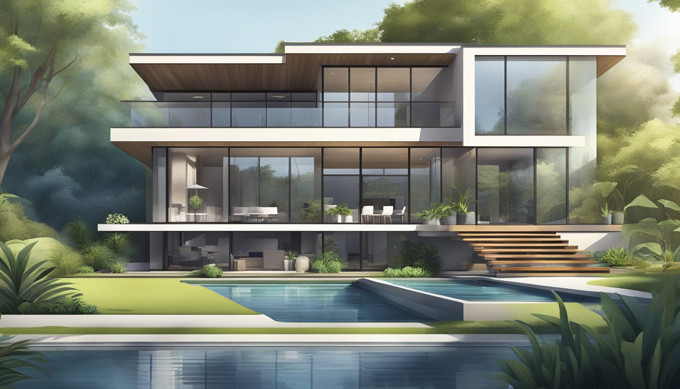 A modern, spacious home with sleek lines and large windows, surrounded by lush greenery and a serene water feature
