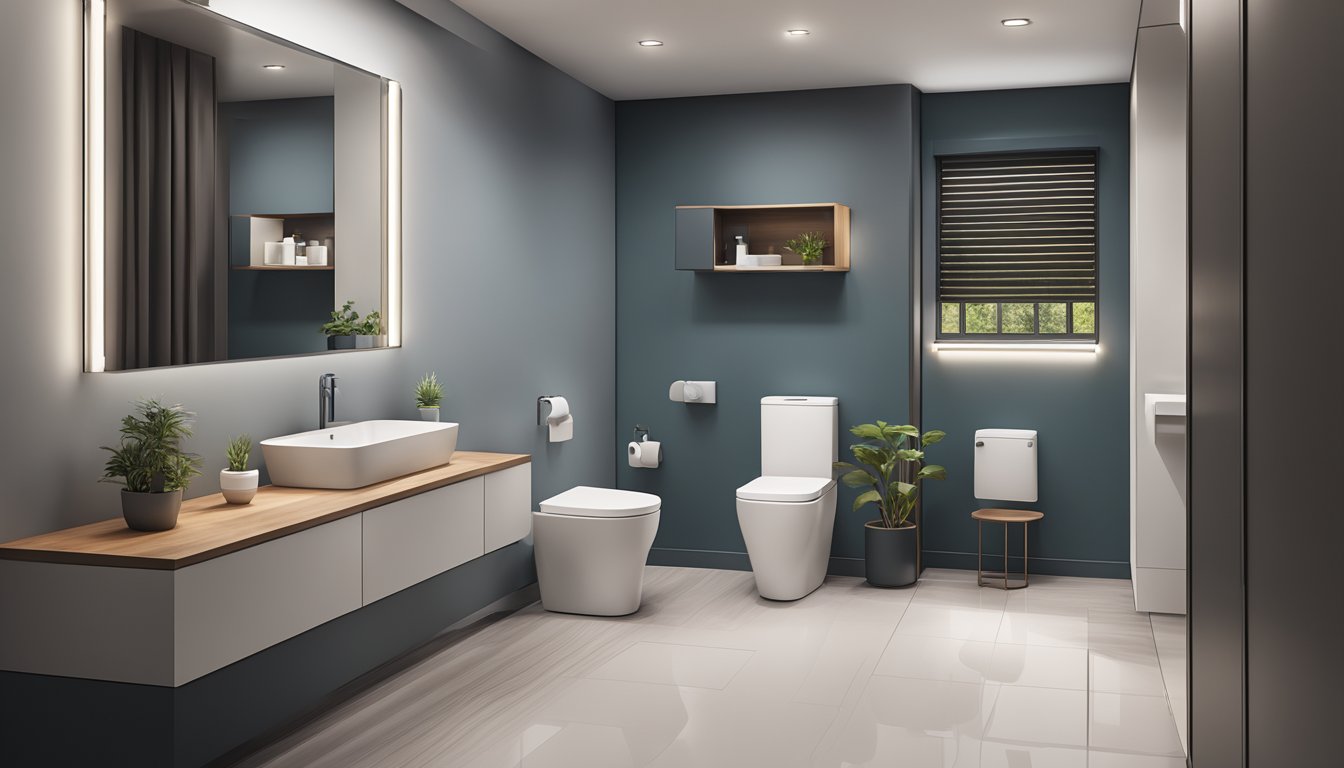 A modern, sleek toilet interior with clean lines and minimalist decor, featuring a spacious and well-lit area with a stylish toilet, elegant sink, and functional storage solutions