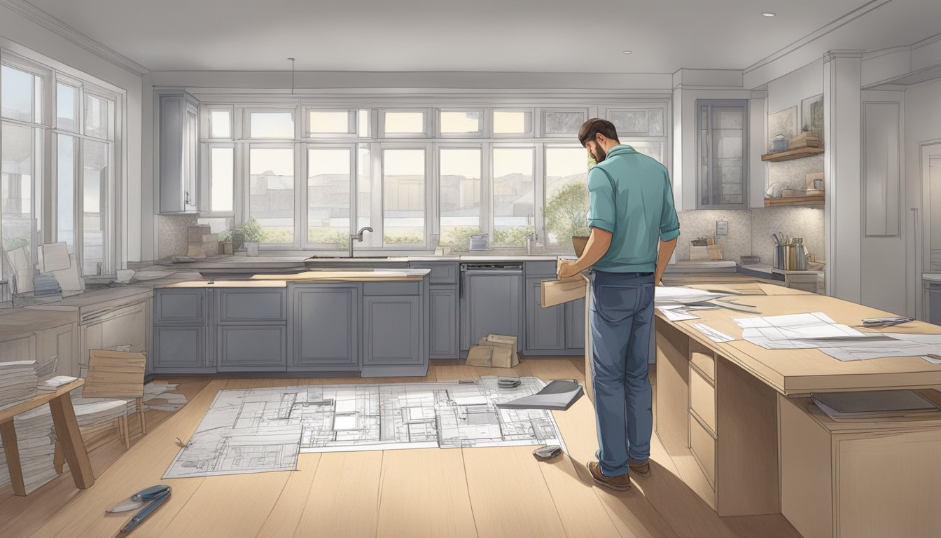 A person overseeing a renovation project, reviewing blueprints and design plans, with tools and materials scattered around the work area