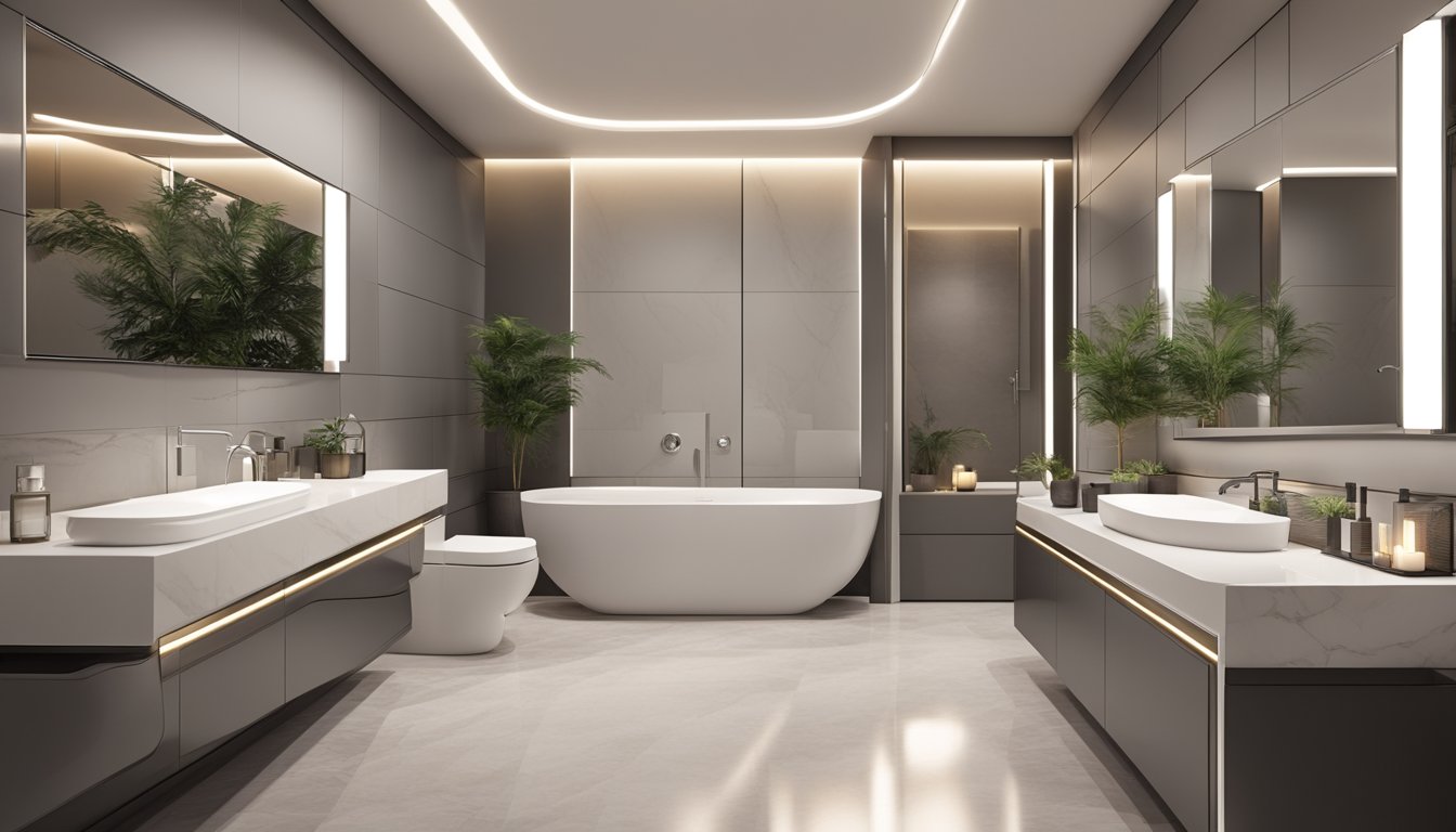 A modern toilet interior with sleek fixtures, clean lines, and neutral colors. A large mirror, a stylish vanity, and soft lighting complete the design