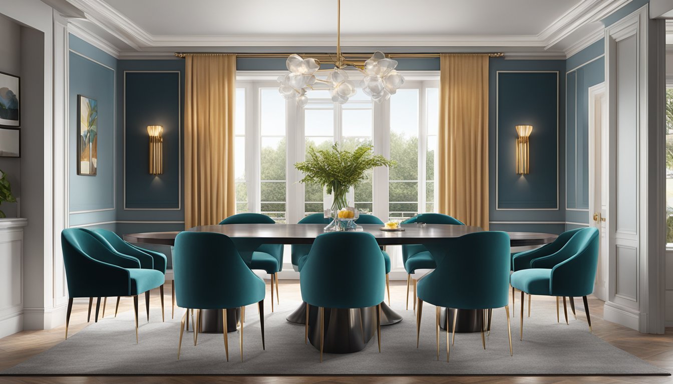 Velvet dining chairs arranged around a sleek, polished table in a softly lit room