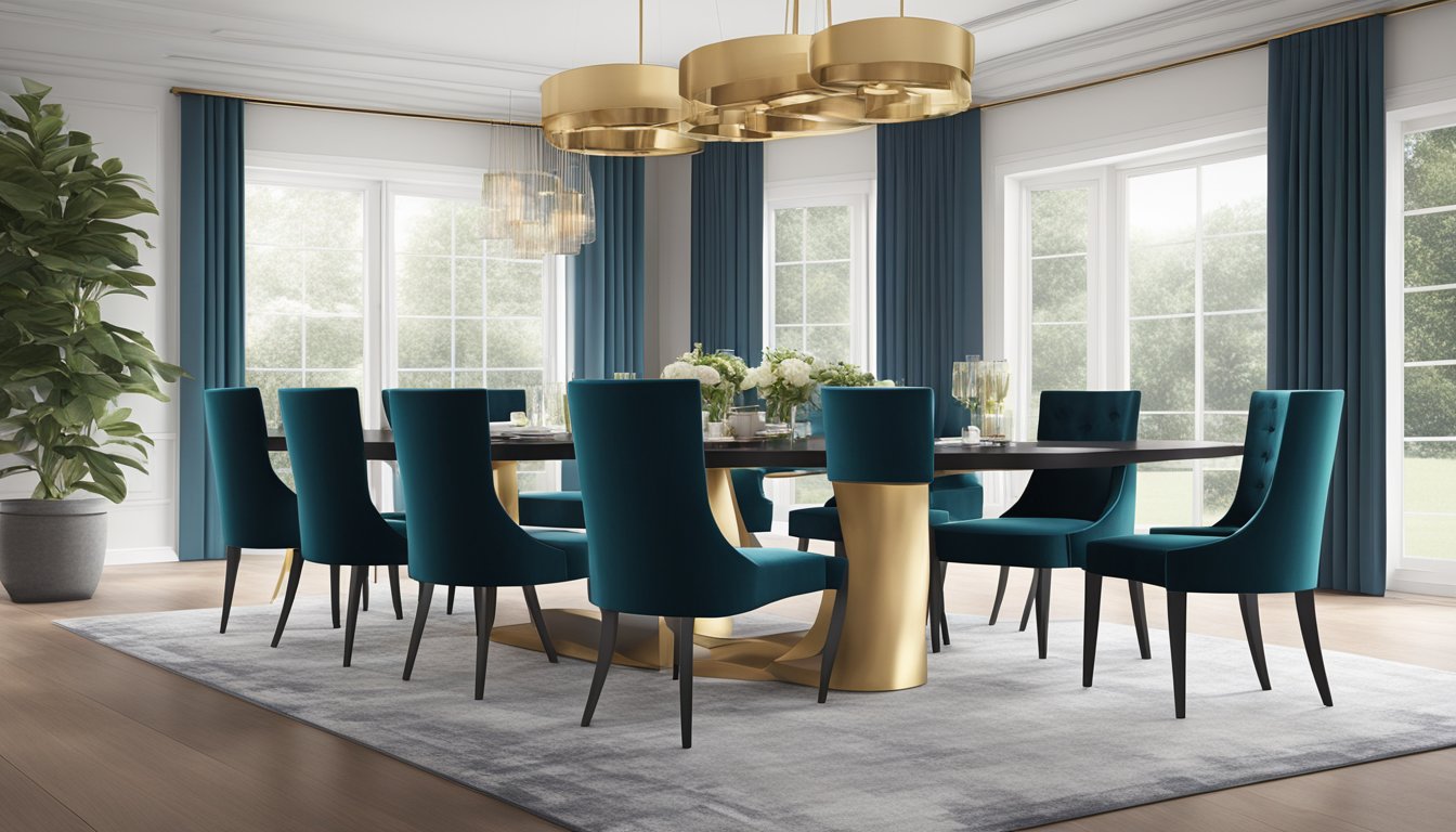 A sleek dining table surrounded by luxurious velvet chairs in a modern, minimalist setting