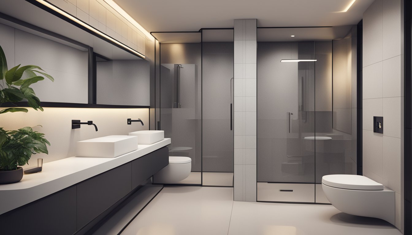 A modern toilet interior with clean lines, minimalistic fixtures, and soft lighting. The space is designed for comfort and functionality, with a focus on simplicity and ease of use