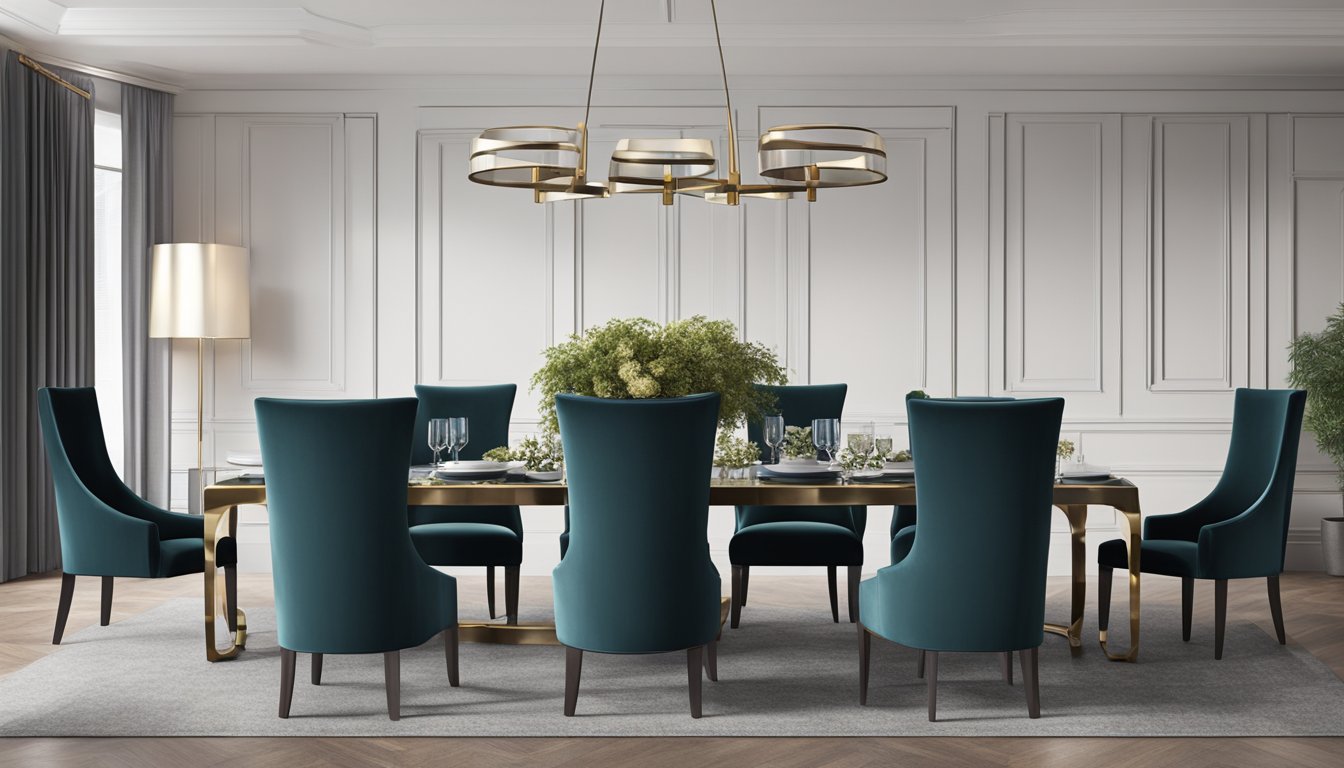 Velvet dining chairs arranged around a sleek, modern table. Soft, luxurious fabric in deep, rich colors. Clean lines and elegant design