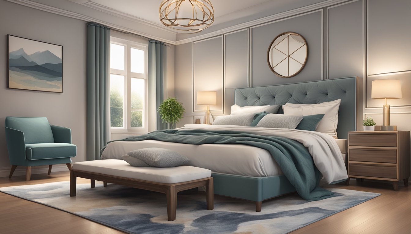 A cozy bedroom with a queen-sized bed against a wall, adorned with fluffy pillows and a soft duvet. The bed is framed by two bedside tables with lamps