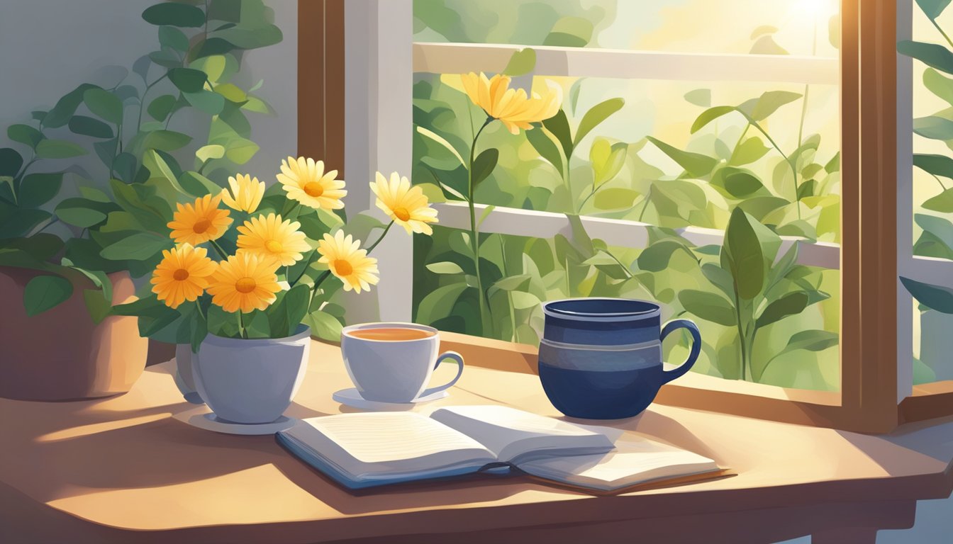 A small garden table with a vase of flowers, a book, and a cup of tea. Sunshine filters through the leaves of nearby plants