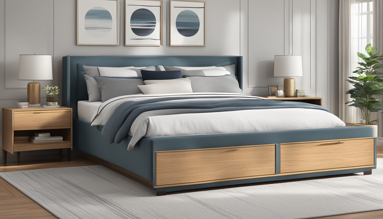 A bed with ample dimensions and built-in storage, designed for maximum comfort and utility