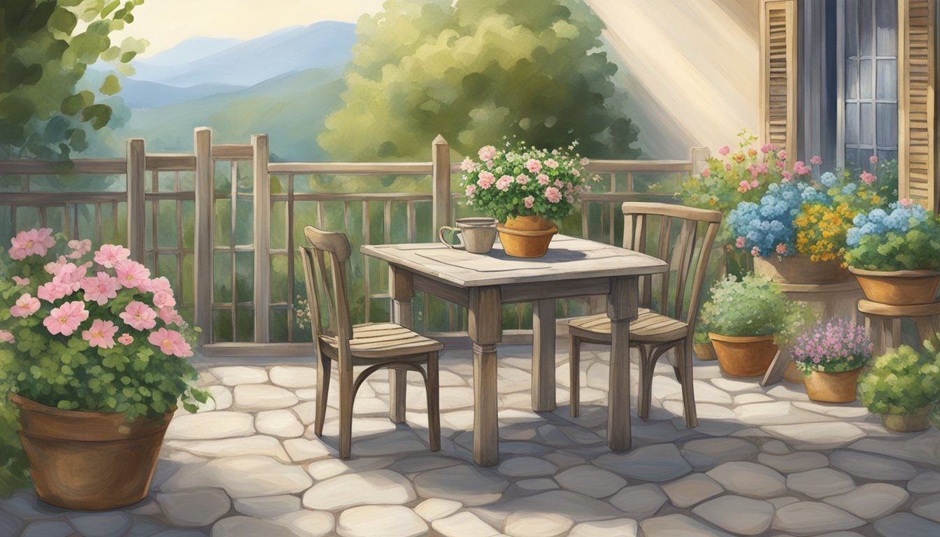 A small garden table sits on a stone patio surrounded by potted plants and flowers. The table is made of weathered wood with a rustic charm, and a delicate lace tablecloth adorns its surface