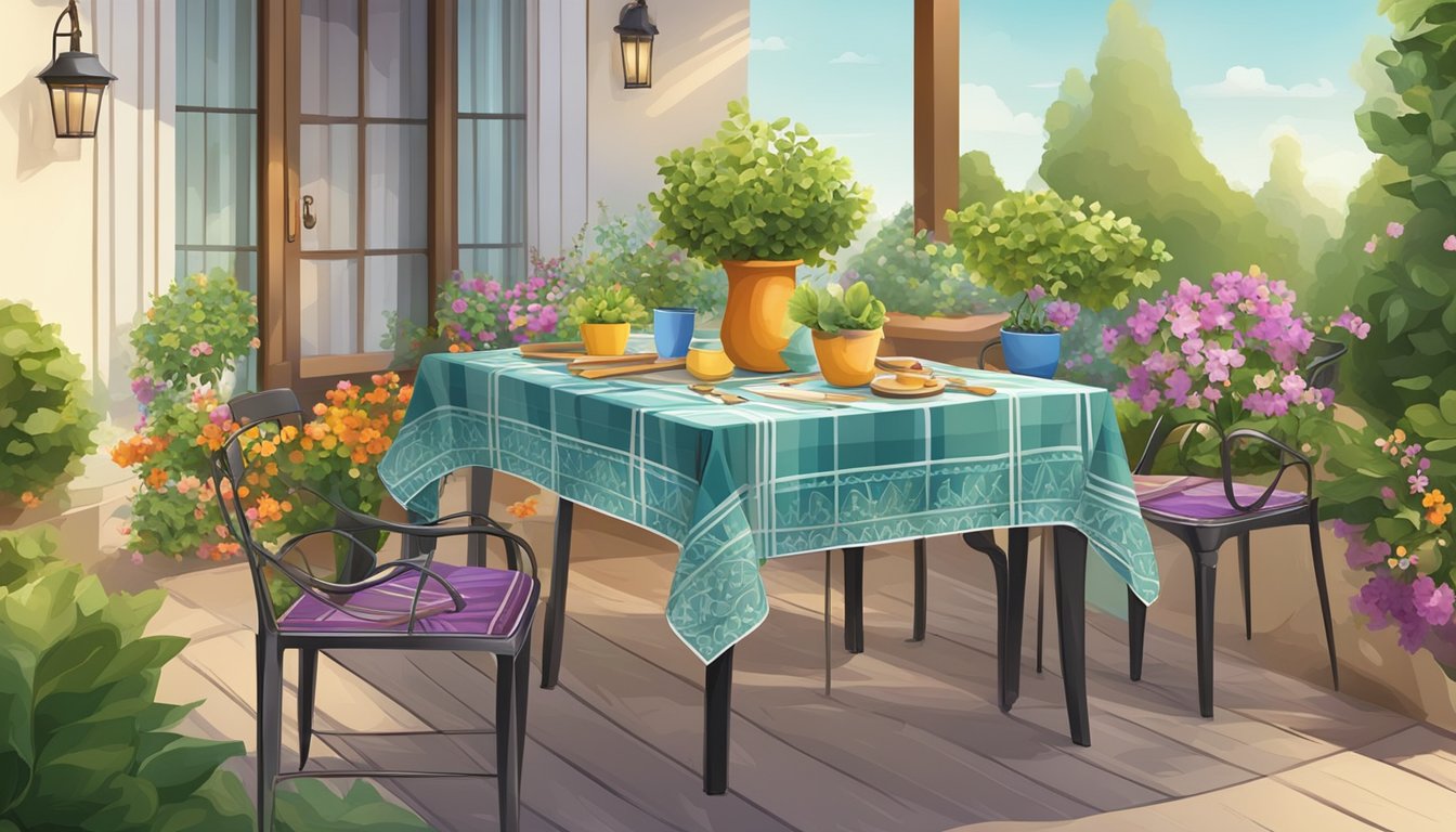 A small garden table adorned with potted plants, a colorful tablecloth, and a set of elegant outdoor dining utensils