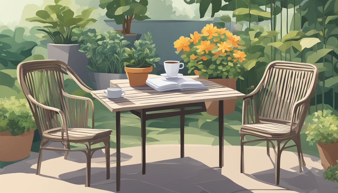 A small garden table with a stack of papers, a potted plant, and a cup of coffee on top. Surrounding it are chairs and a lush garden