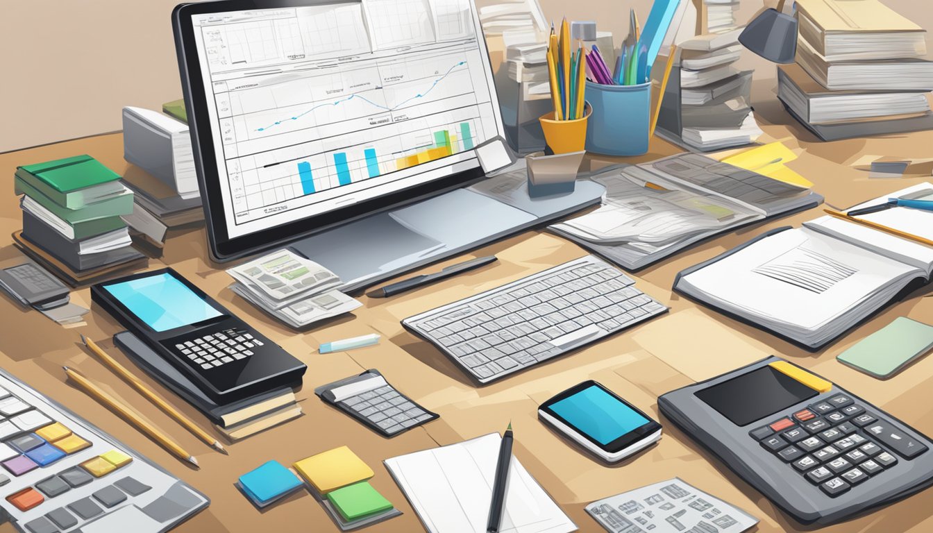 A desk with a computer, tablet, and sketchbook. A stack of design books and a calculator. A paycheck with "Graphic Designer" written on it