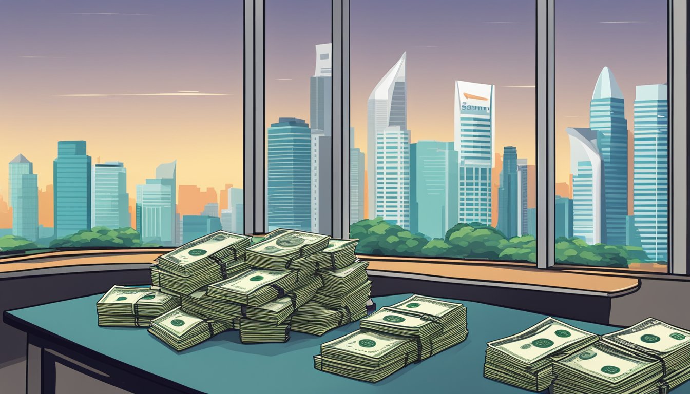 A graphic designer's salary in Singapore is depicted through a stack of cash and a calculator on a desk. The Singapore skyline is visible through a window in the background