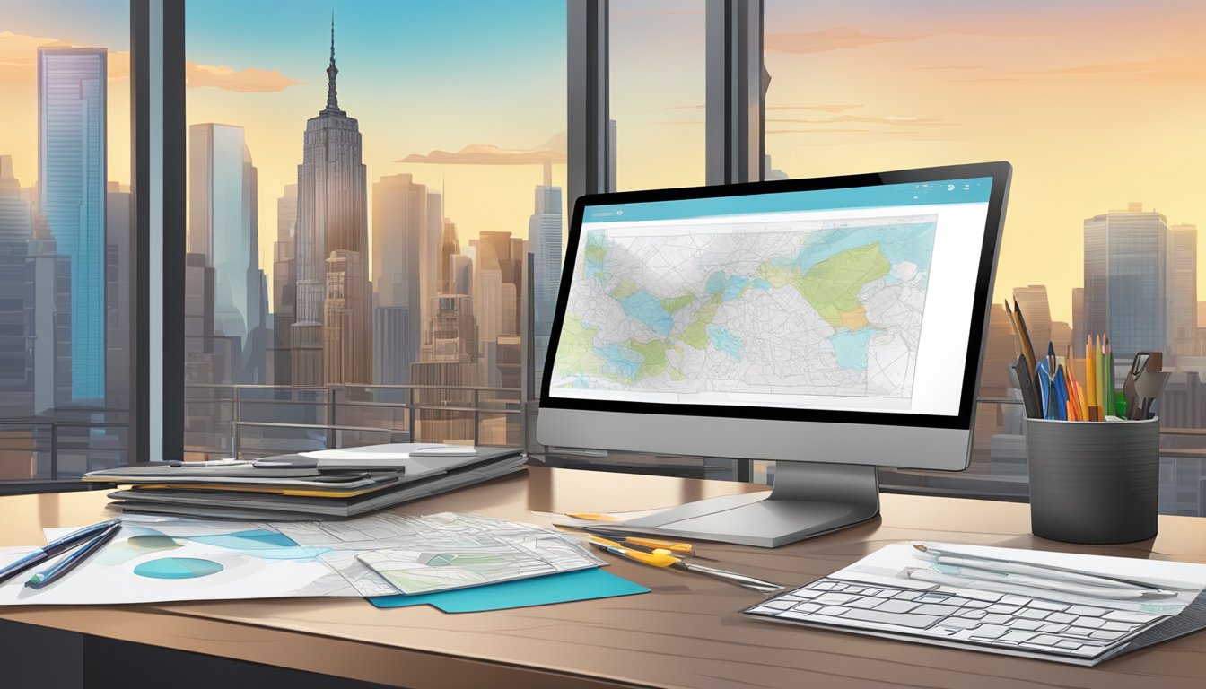 A graphic designer's desk with a computer, tablet, and drawing tools. A paycheck with a large sum written on it. A city skyline in the background