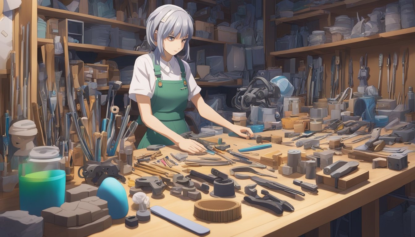 A workbench cluttered with sculpting tools and materials, with a partially completed sex doll taking shape under the skilled hands of the creator