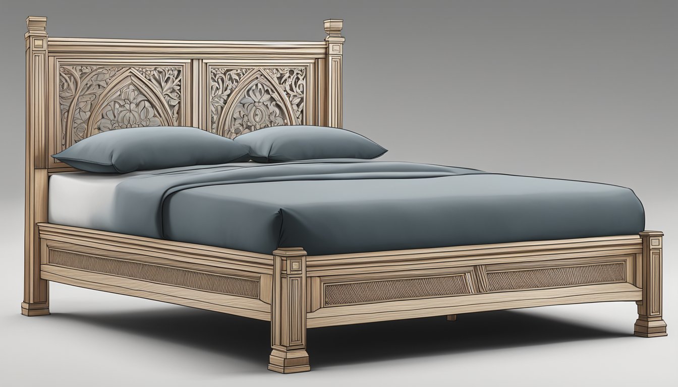 A sturdy wooden bed with sleek, minimalist lines and a headboard featuring intricate carving details