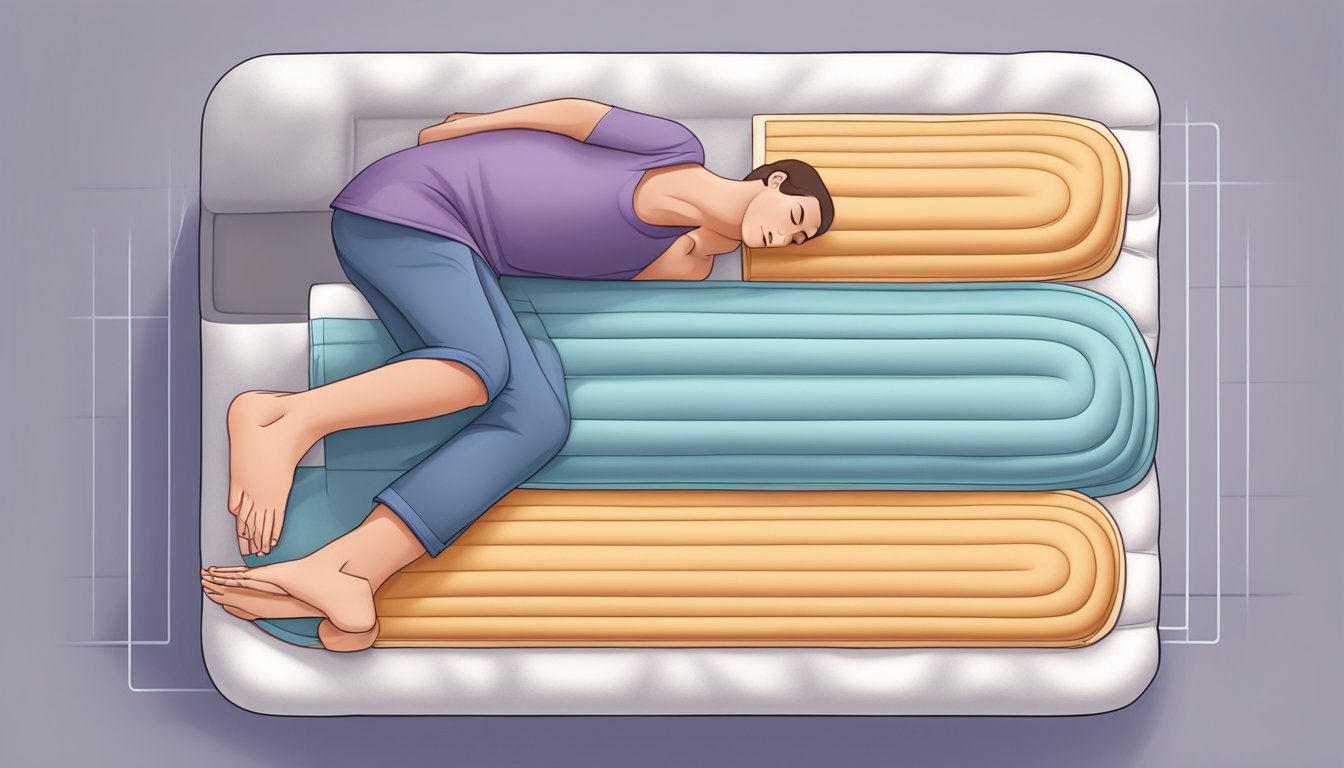 A person lying comfortably on an orthopedic mattress, surrounded by supportive layers and experiencing relief from back pain