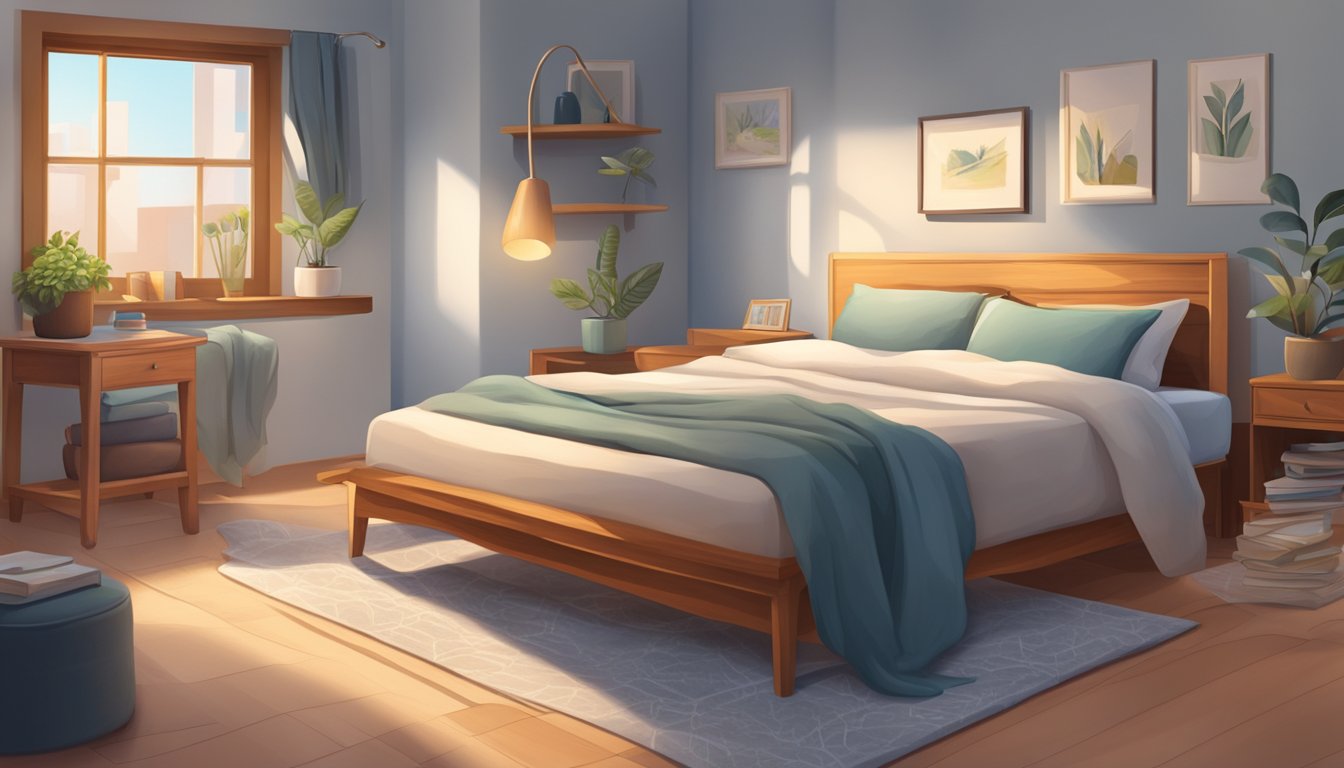 A cozy bedroom with a sturdy wooden bed, soft bedding, and a functional bedside table with a reading lamp