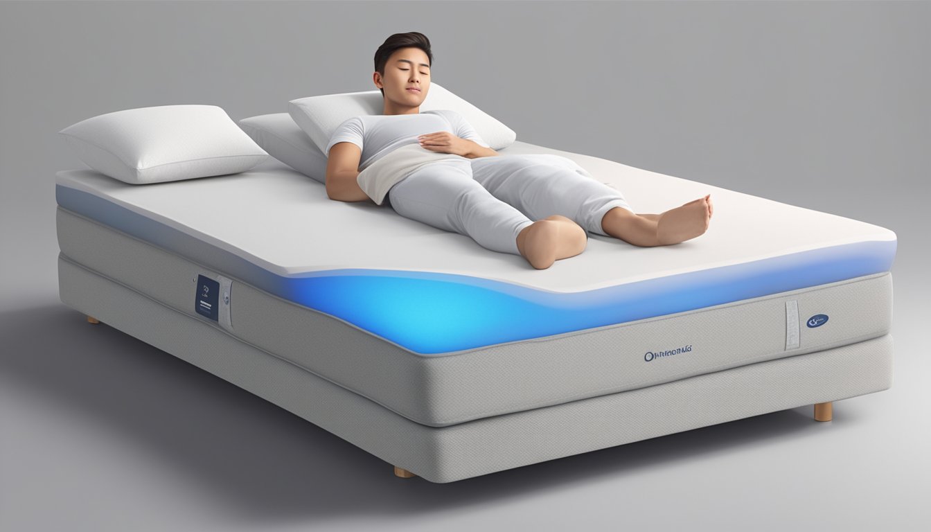 A person lying comfortably on a supportive orthopedic mattress, with a relaxed and pain-free expression on their face. The mattress is designed with advanced technology to provide optimal spinal alignment and pressure relief
