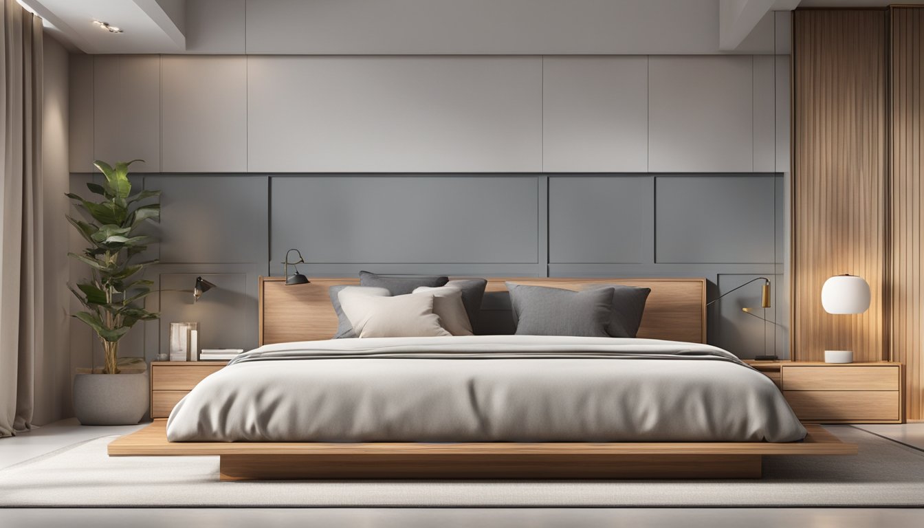 A wooden bed with a sleek, modern design sits in a spacious, well-lit room. The headboard features clean lines and a minimalistic aesthetic, while the sturdy frame exudes quality craftsmanship