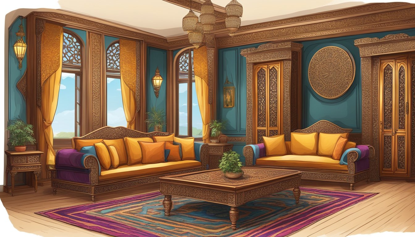 A room filled with ornate, hand-carved wooden furniture adorned with intricate patterns and vibrant colors, reflecting the charm of Ottoman design