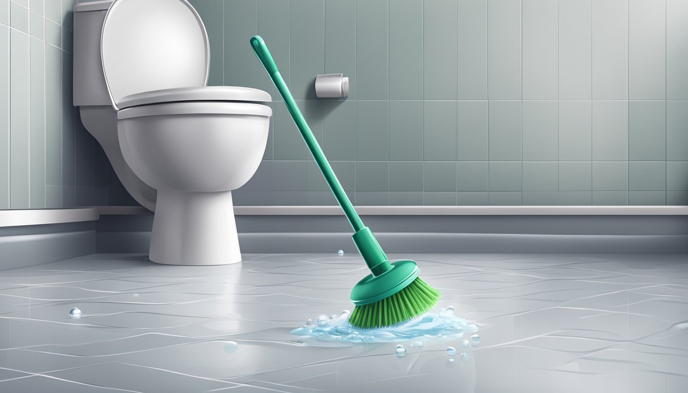 A toilet floor brush lies next to a clean toilet, with drops of water on the floor