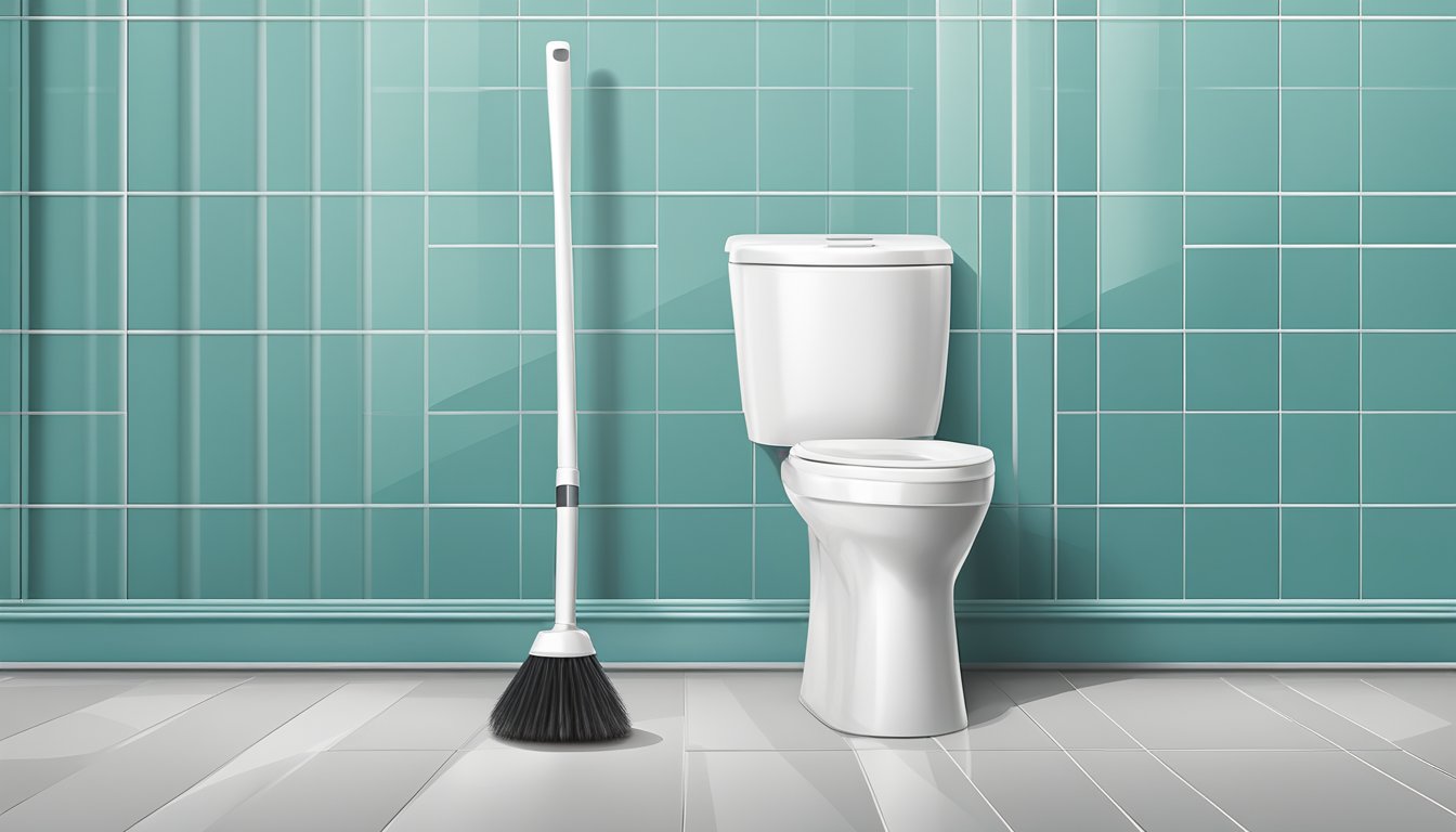 A toilet floor brush with a long handle and sturdy bristles sits next to a toilet, ready for use