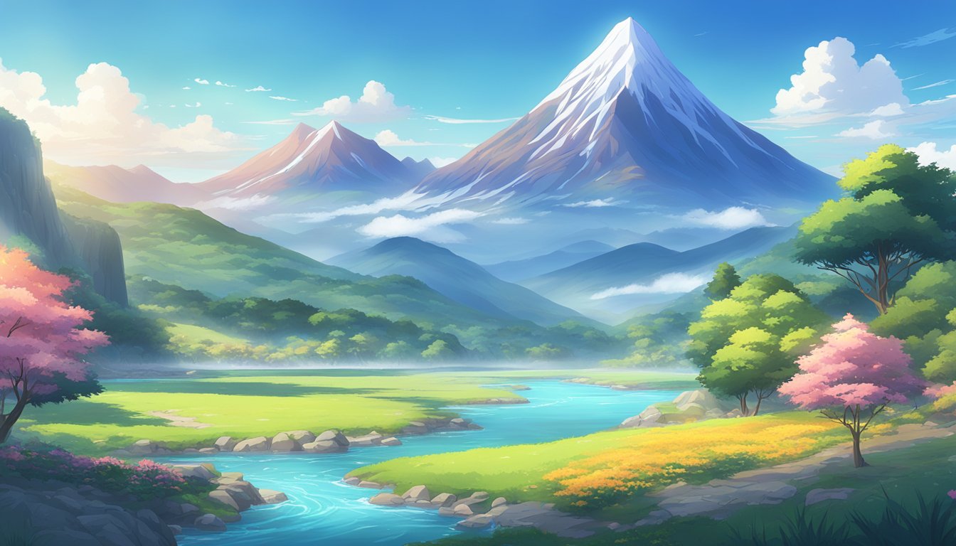 A serene landscape with vibrant colors, a flowing river, and a majestic mountain in the background, capturing the beauty and harmony of nature