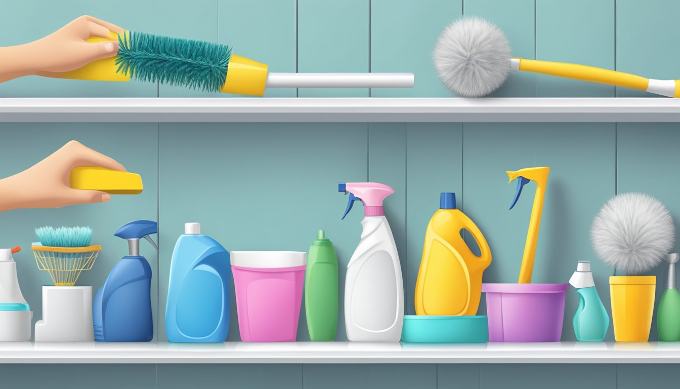 A hand reaches for a toilet floor brush among various options on a store shelf