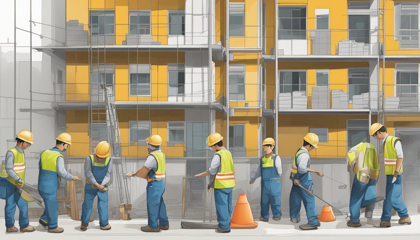 Construction workers follow noise rules during HDB renovation. Materials are carefully handled, machines are operated with caution, and workers communicate quietly
