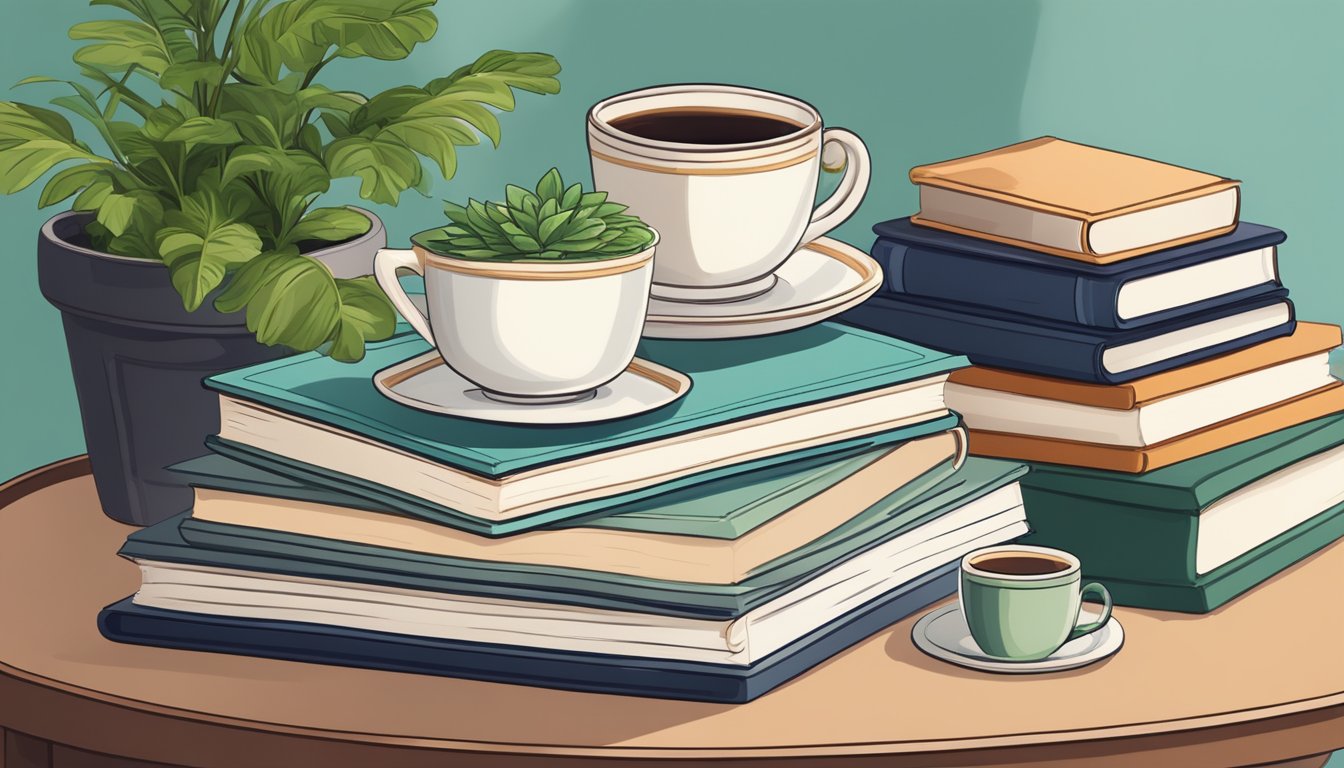 A stack of books sits on a plush ottoman next to a decorative tray with a teacup and saucer. A potted plant adds a touch of greenery to the scene